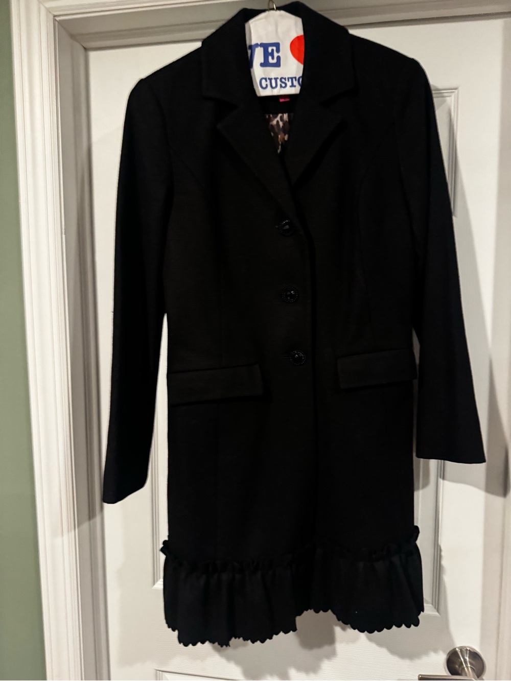 Betsey Johnson Black Women's Single-Breasted Trench Coat with Ruffle Hem